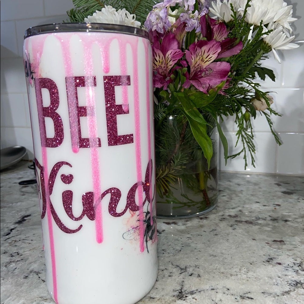20oz plump double walled stainless steel peek a boo Bee Kind tumbler.